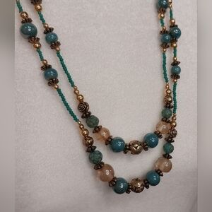 Vintage Aqua and Gold Bead Double Strand Necklace